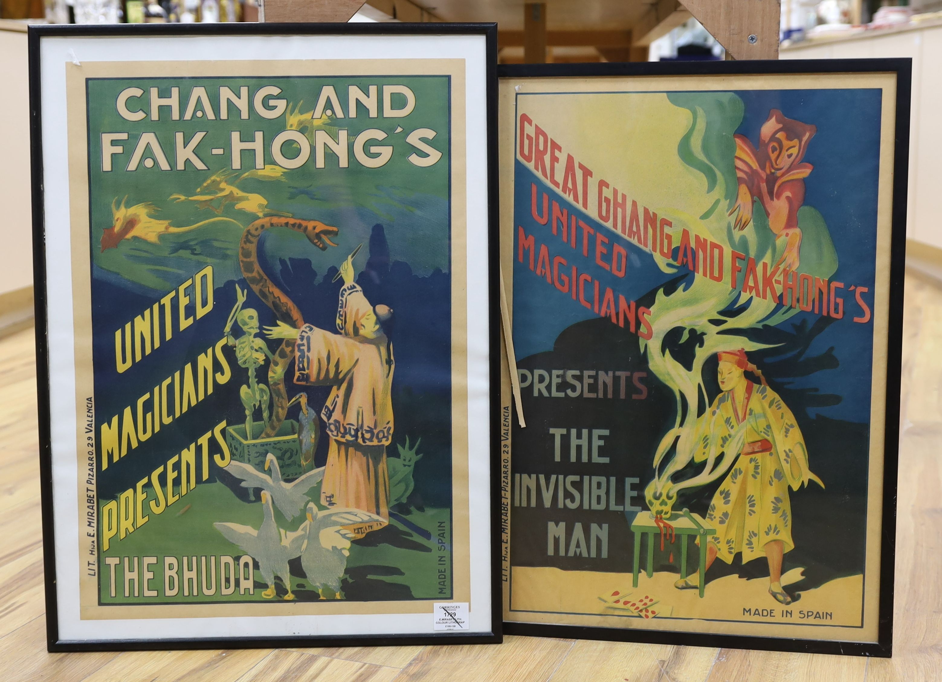 E.Mirabet lith. two colour lithographs, ‘Great Ghang and Fak-Hongs United Magicians presents The Invisible Man’, 63 x 43.5cm. and ‘Chang and Fak Hong’s United Magicians presents The Bhuda’, 63 x 44.5cm.